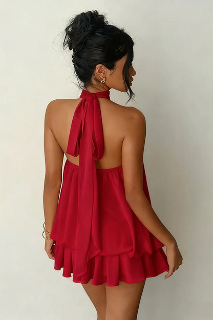 Yellow Sexy Backless Halter Tie Waist Slim Fit Ruffled Mini Dress Homecoming Dress DP5909
