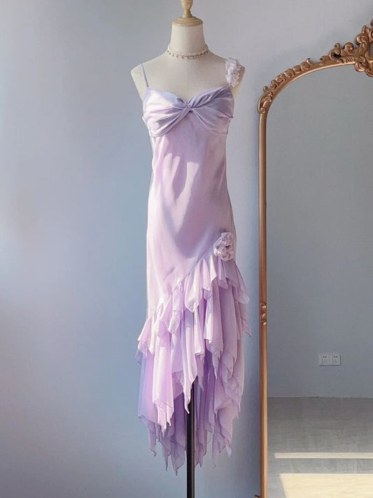 Gentle Purple Mermaid Spaghetti Strap Floral Ruffle Chiffon Evening Dress Date Dress Outfits DP3300