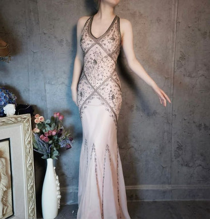 Vintage Mermaid Halter Beaded Chiffon Open Back Long Party Dress Evening Dress DP2370
