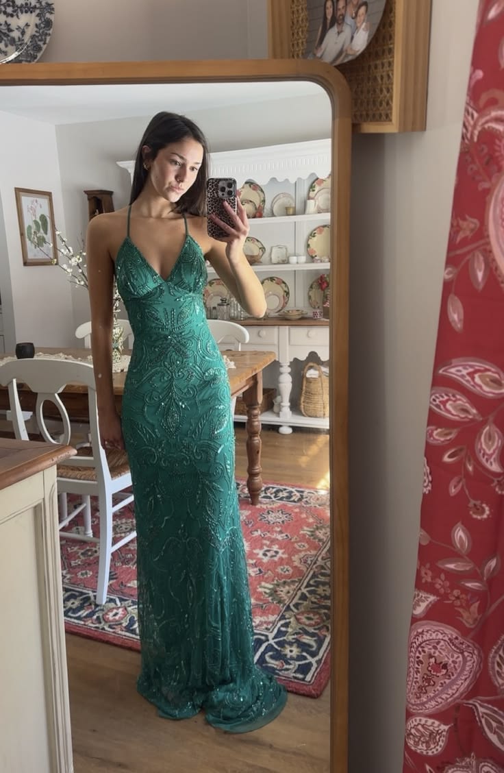 Green Sheath Spaghetti Strap Exquisite Beaded Tulle Prom Dress Graduation Prom Dress DP6660