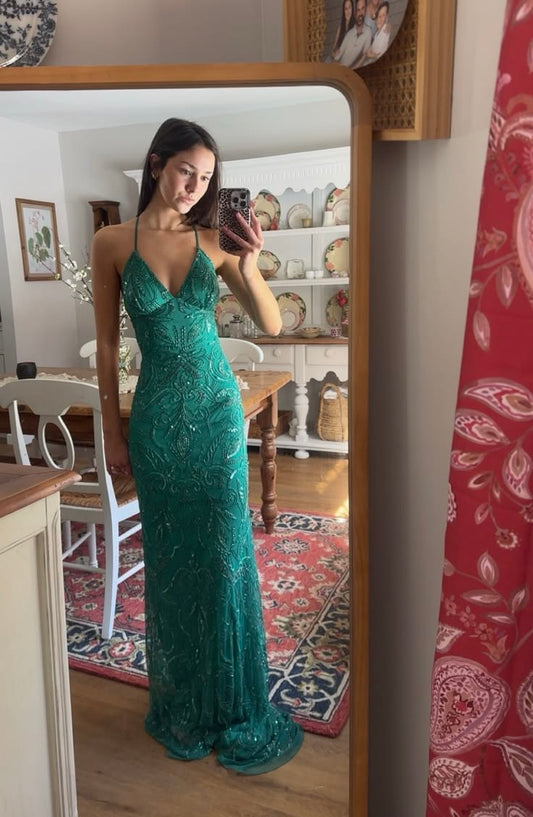 Green Sheath Spaghetti Strap Exquisite Beaded Tulle Prom Dress Graduation Prom Dress DP6660