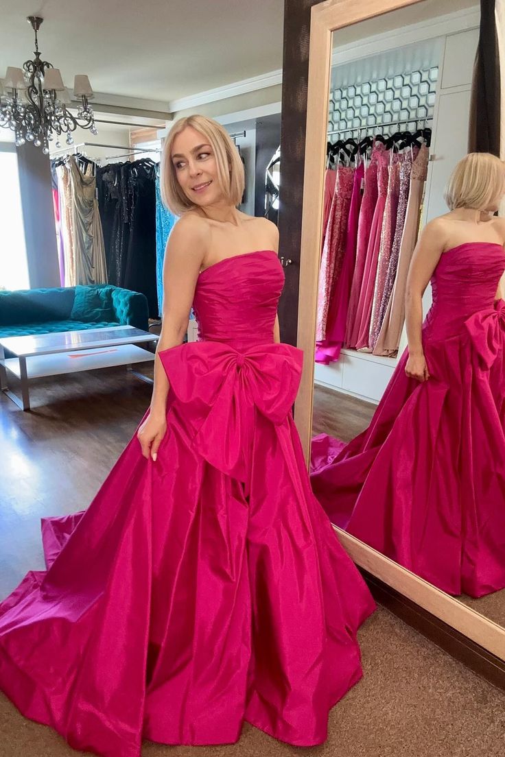 A Line Strapless Ruched Hot Pink Satin Long Prom Dress Evening Dress with Bow DP1180