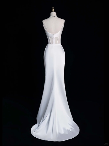 White Sheath Spaghetti Strap Corset Satin Prom Dress Graduation Prom Dress DP1990