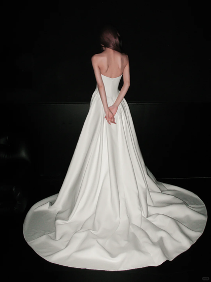 Simple A Line Strapless White Lace Satin Wedding Dress DP5305