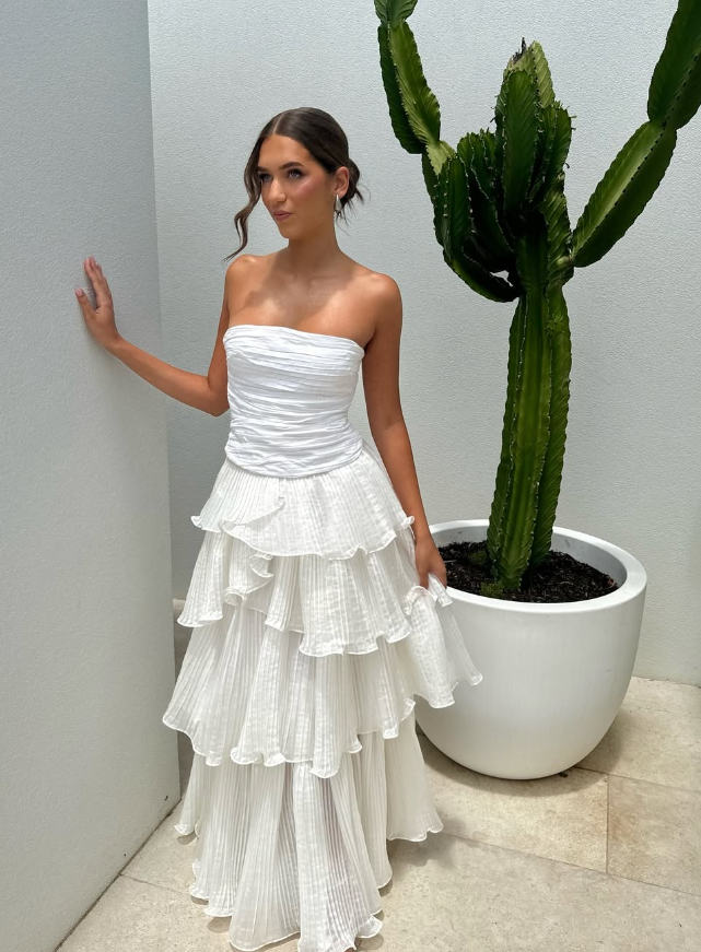 Gentle A Line Strapless Tiered White Chiffon Prom Dress Evening Dress DP2007