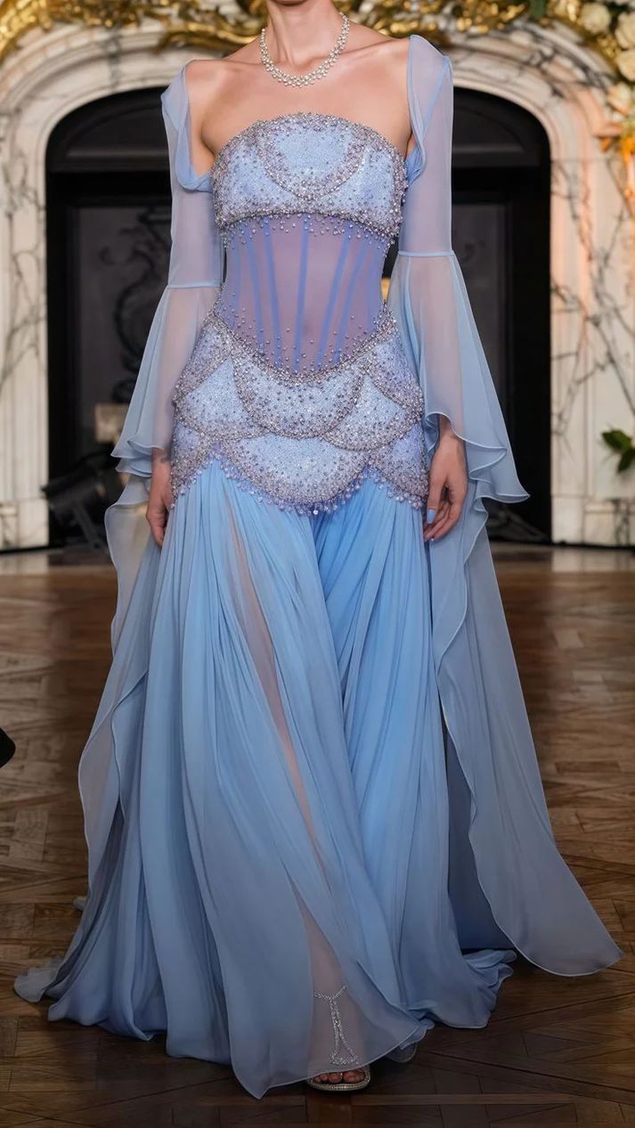 Sexy A Line Off The Shoulder Maxi Long Party Light Blue Chiffon Prom Dresses Evening Dress DP2941
