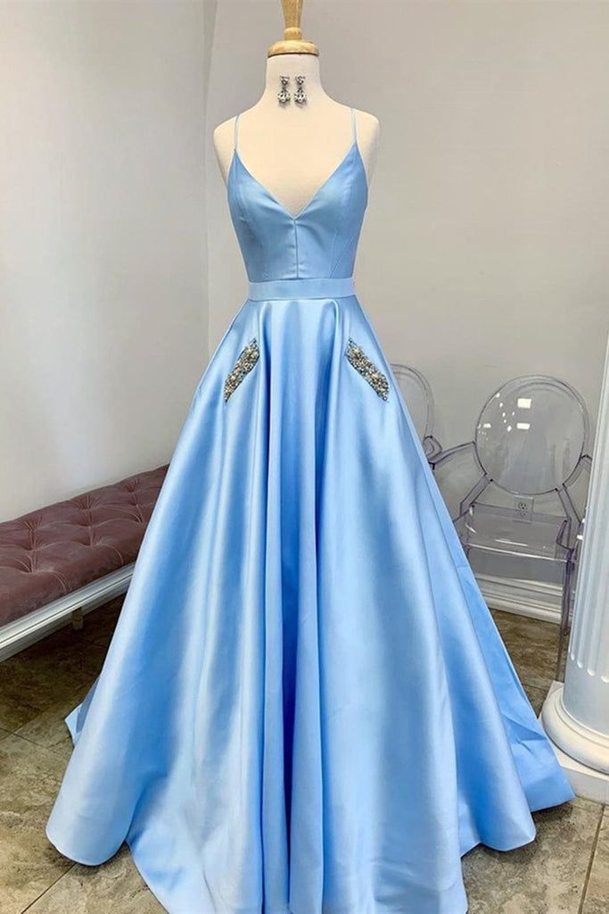 A Line V Neck Blue Satin Long Prom Dresses With Pocket DP767