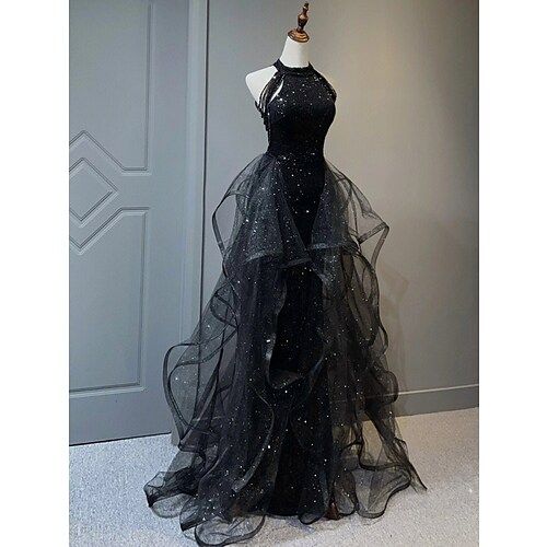 Navy Shiny Sequin Tulle Long Party Dress with Beaded, Navy Evening Party Dress DP1975