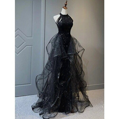 Navy Shiny Sequin Tulle Long Party Dress with Beaded, Navy Evening Party Dress DP1975