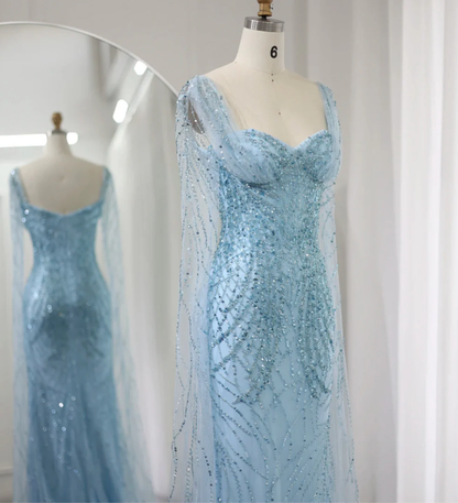 Blue Luxury Mermaid Beads Sequins Tulle Evening Dresses with Cape Sleeves DP1403