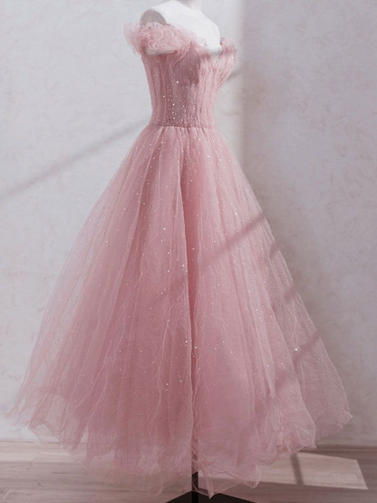 Pink Off Shoulder Tulle Sequins Prom Dress Elegant Evening Dress DP437