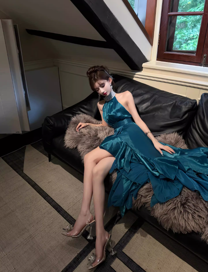 Slate Blue A Line Halter Beaded Ruffle Satin Prom Dress Evening Dress Formal Dress DP3160