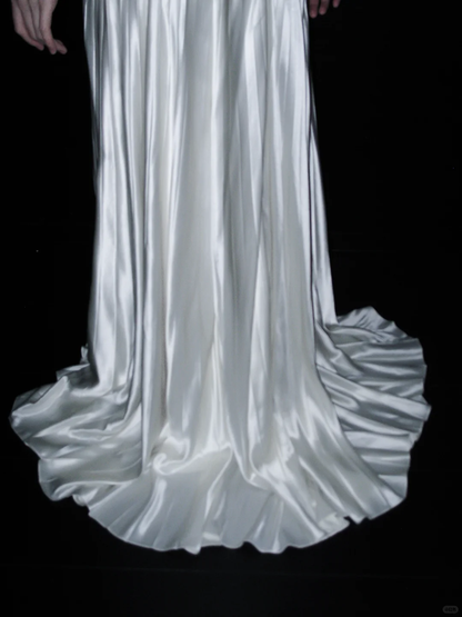 Unique White A Line Strapless Pleated Satin Long Wedding Dress DP5190