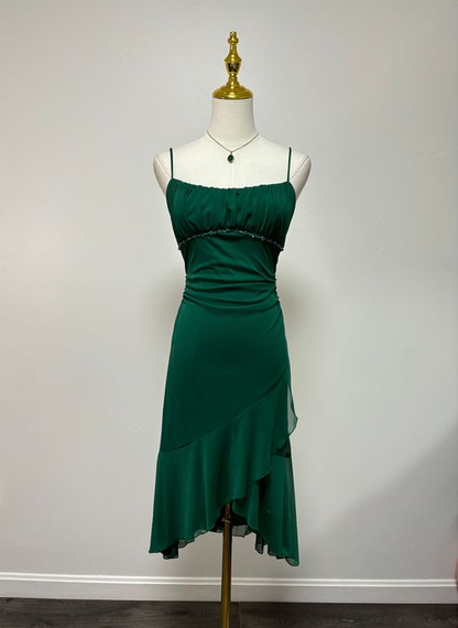 Vintage Green Spaghetti Straps Chiffon Homecoming Dress Short Party Dress DP553