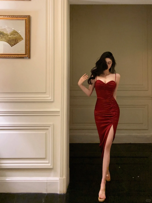 Sexy Sheath Spaghetti Straps Burgundy Satin Prom Dress Evening Dress with Slit DP4019