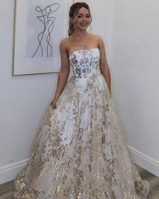 Shiny A Line Strapless Gold Sequin White Tulle Long Prom Dress Evening Dress DP6333