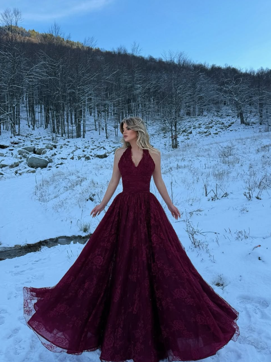 Dark Burgundy A Line V Neck Lace Long Prom Dress Evening Dress DP6791
