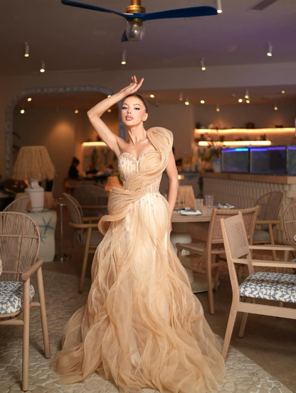 Gorgeous A Line One Shoulder Champagne Tulle Prom Dress Graduation Prom Dress DP2123