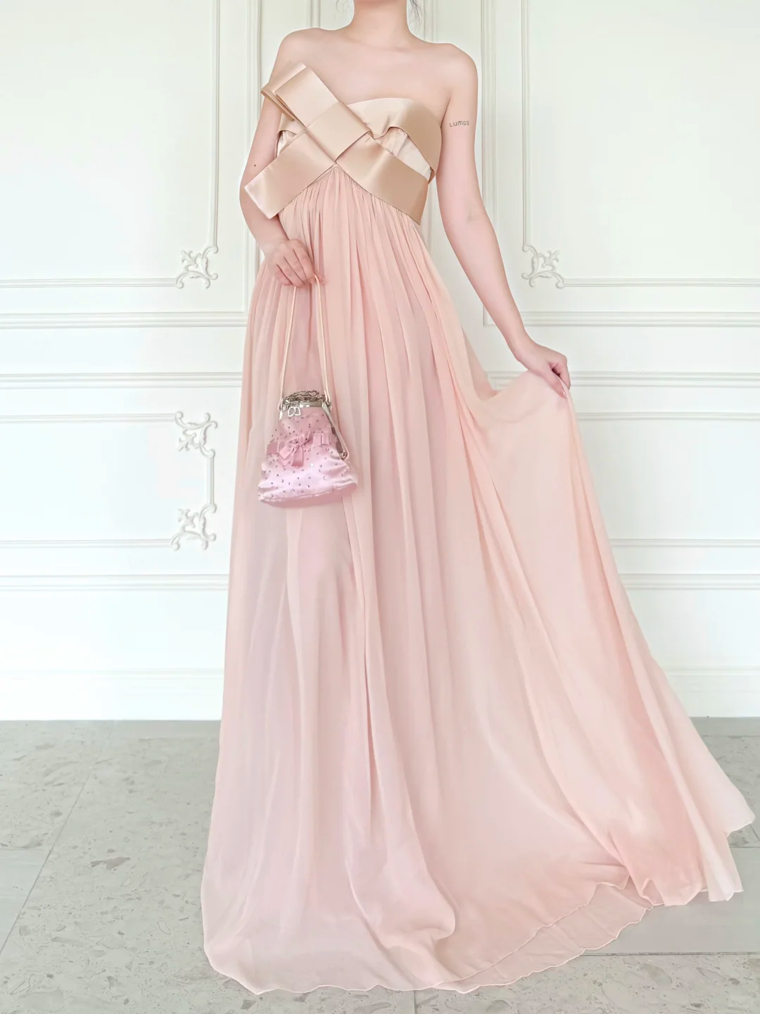 Sweety Light Pink A Line Strapless Chiffon Prom Dress Evening Dress DP6443