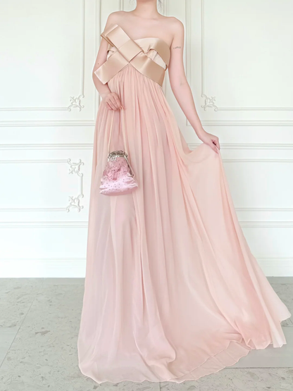 Sweety Light Pink A Line Strapless Chiffon Prom Dress Evening Dress DP6443