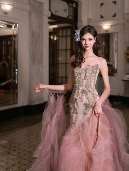 Romantic Pink Mermaid Strapless Exquisite Beaded Tulle Long Prom Dress DP4602