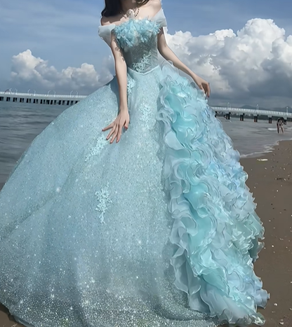 Blue A Line Off the Shoulder Sequin Floral Organza Prom Dress Graduation Ball Gown DP4566