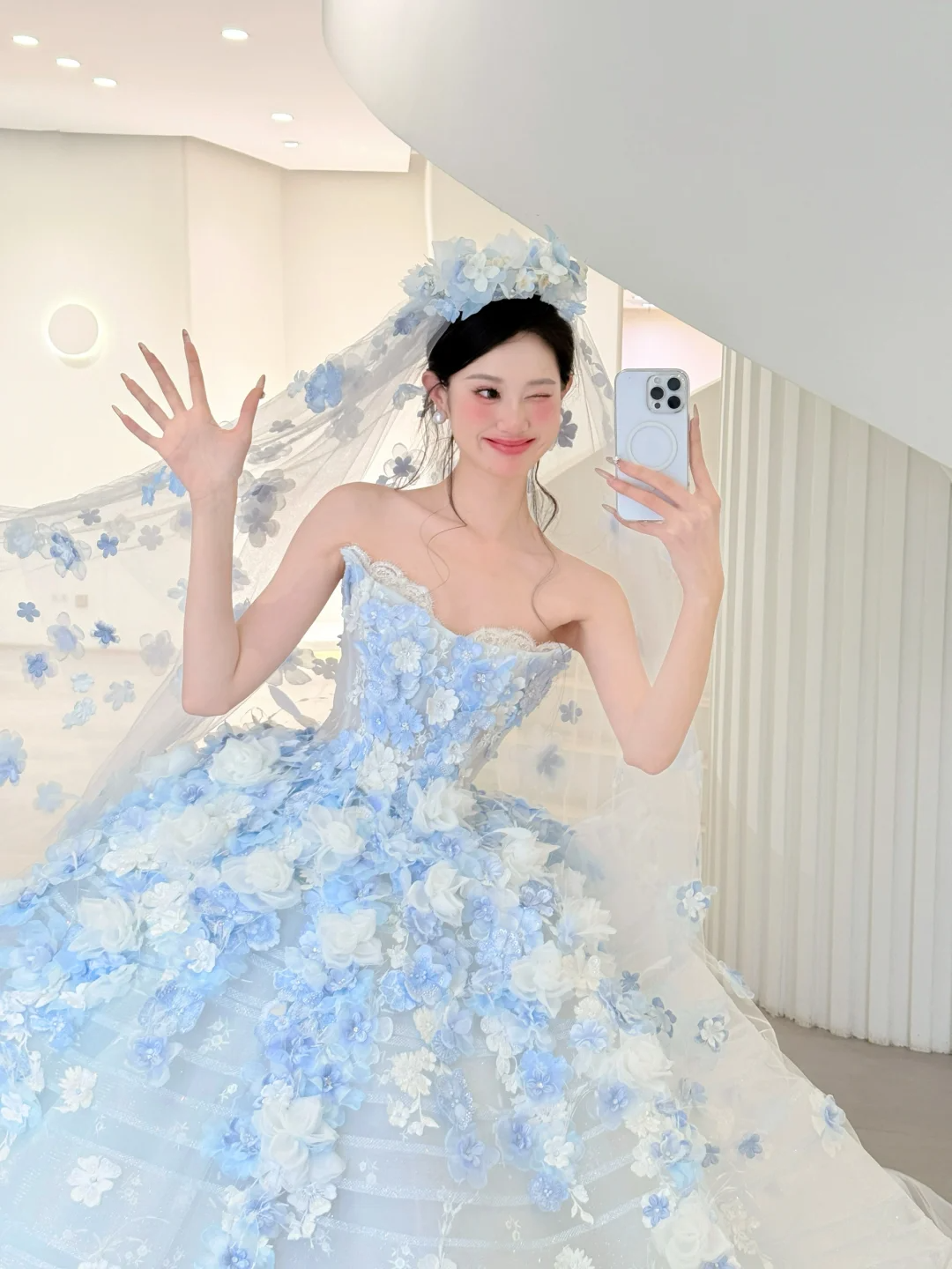 Blue Ball Gown Strapless Floral Tulle 16th Birthday Dress Prom Dresses DP4200