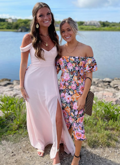 Gentle Light Pink A Line Off the Shoulder Chiffon Long Bridesmaid Dress with Slit DP4968