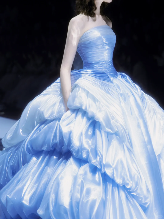 Stunning Blue Ball Gown Strapless Pleated Layered Satin Long Prom Dress DP2836