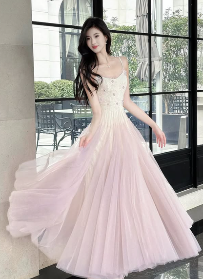 Princess Pink Ombre A Line Straps Floral Tulle Prom Dress Evening Dress DP5264