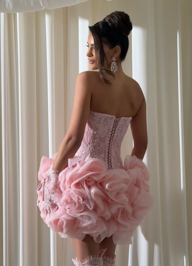 Princess Pink A Line Strapless Lace Tulle Short Prom Dress Homecoming Dress DP6209