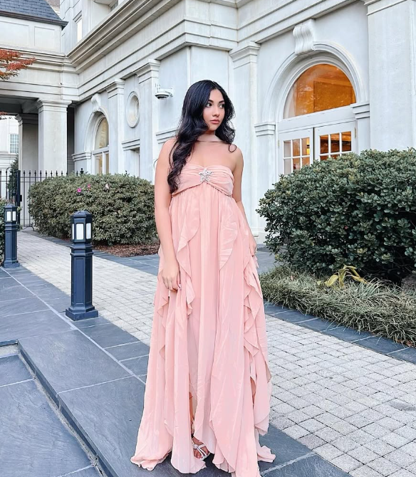 Pink Strapless Ruffle Chiffon Long Prom Dress Evening Dress DP1391