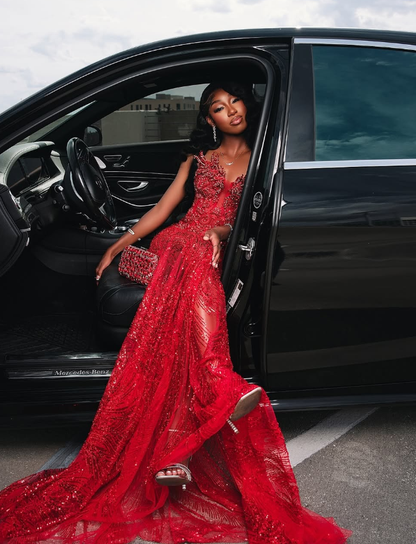 Stunning Red Mermaid Strapless Luxurious Beaded Sequin Tulle Long Prom Dress DP5057