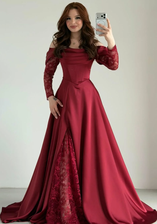 Elegant Burgundy A Line Long Sleeve Lace Satin Prom Dress Evening Dress DP5631