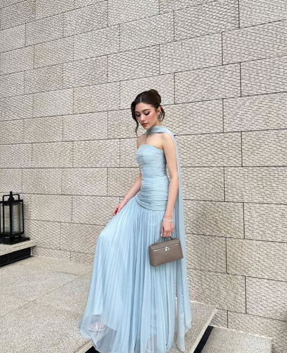 Baby Blue A Line Strapless Pleated Chiffon Long Prom Dress Party Dress DP2582