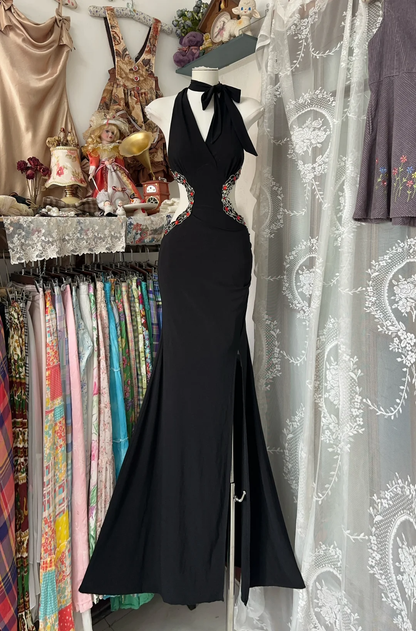 Vintage Mermaid Halter Red Beaded Black Satin Backless Prom Dress DP4857