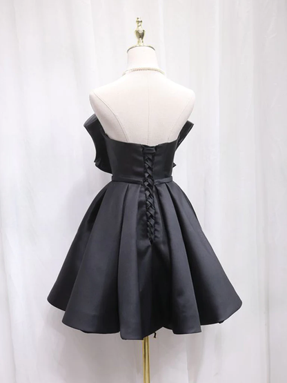 Black Strapless Bow Knot Satin Short Prom Dress Homecoming Dress DP047