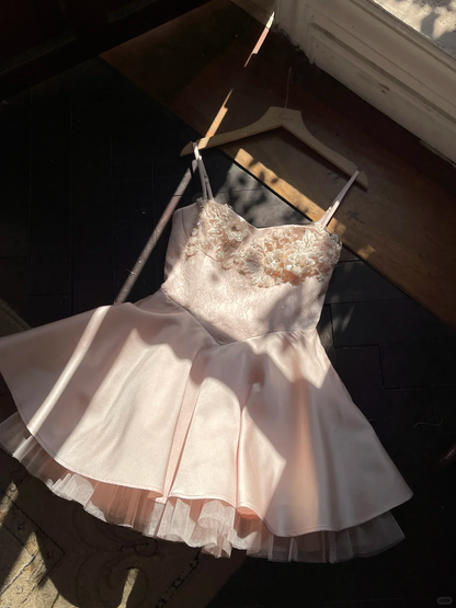 Light Pink Beaded Print Floral Satin Tulle Short Homecoming Dress Date Dress Cocktail Dress DP2954