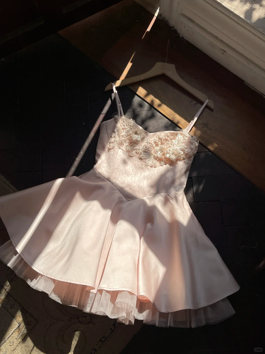 Light Pink Beaded Print Floral Satin Tulle Short Homecoming Dress Date Dress Cocktail Dress DP2954