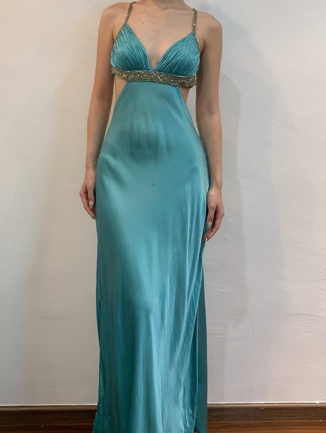 Vintage Sheath Spaghetti Strap Beaded Blue Satin Open Back Prom Dress Evening Dress DP1680