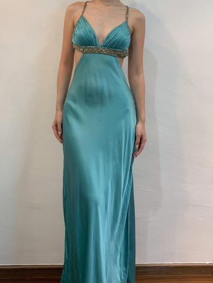 Vintage Sheath Spaghetti Strap Beaded Blue Satin Open Back Prom Dress Evening Dress DP1680