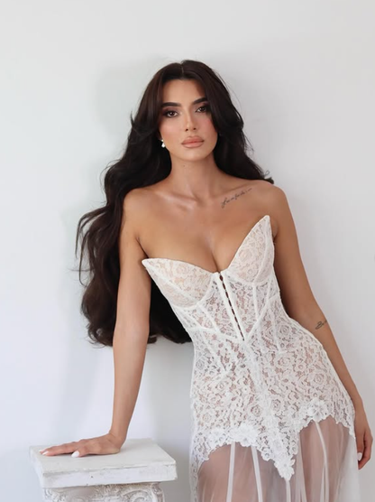 Stunning Mermaid Sweetheart Neck White Lace Tulle Prom Dress Wedding Dress DP3692