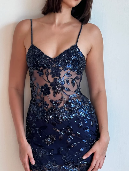Navy Blue Exquisite Sheath Spaghetti Strap Sequin Beaded Tulle  Short Homecoming Dress DP2845