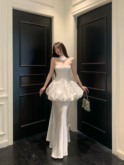 Unique Mermaid Strapless White Satin Prom Dress Evening Dress DP3846