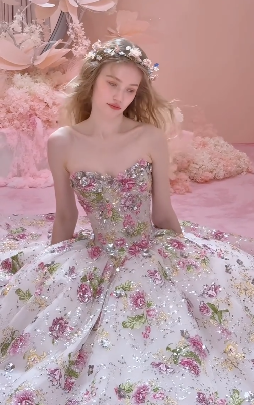 Romantic Pink Rose Ball Gown Strapless Exquisite Beaded Tulle Long Prom Dress DP4603