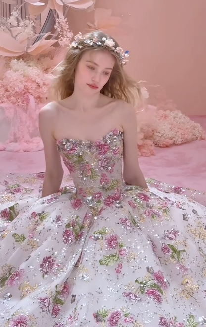 Romantic Pink Rose Ball Gown Strapless Exquisite Beaded Tulle Long Prom Dress DP4603