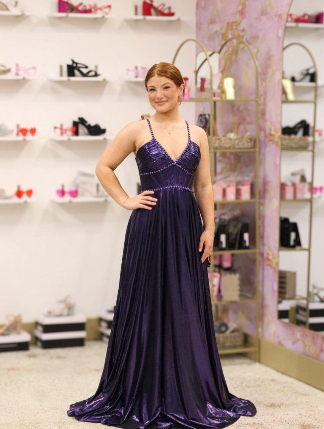 Dark Purple A Line Spaghetti Straps Beaded Unique Satin Long Prom Dress Evening Dress DP6269