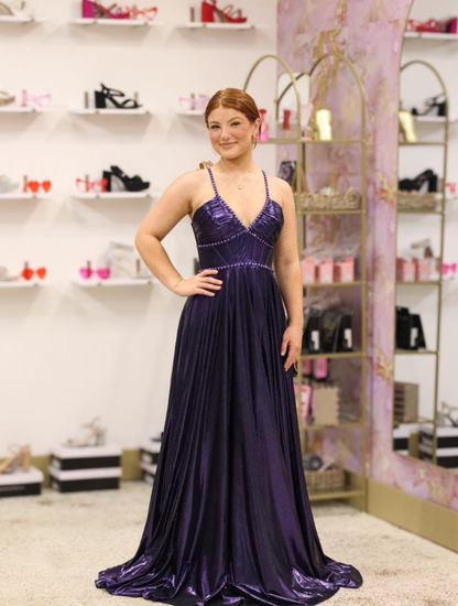 Dark Purple A Line Spaghetti Straps Beaded Unique Satin Long Prom Dress Evening Dress DP6269