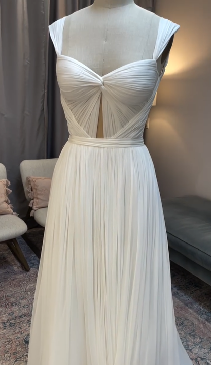 Flowy A Line Spaghetti Strap White Chiffon Wedding Dresses with Slit DP4349