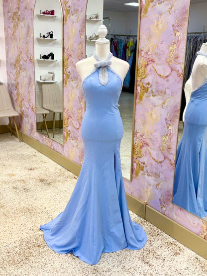 Sweety Light Blue Mermaid Pearl Satin Long Prom Dress Evening Dress DP6565